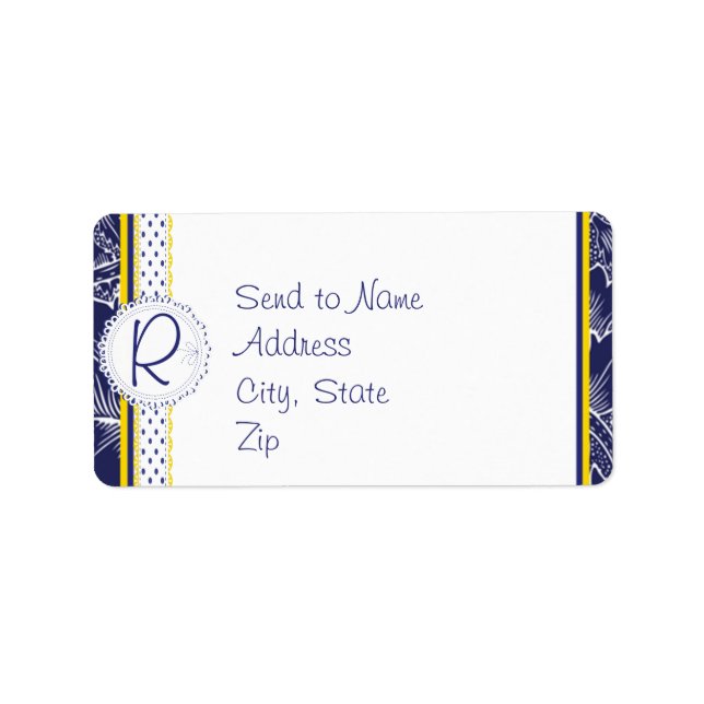 Royal Blue och Gult Sunblommor Monogram Adress Adressetikett (Framsidan)