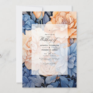 Royal Blue och persikor och Grått Blommigt Bröllop Inbjudningar