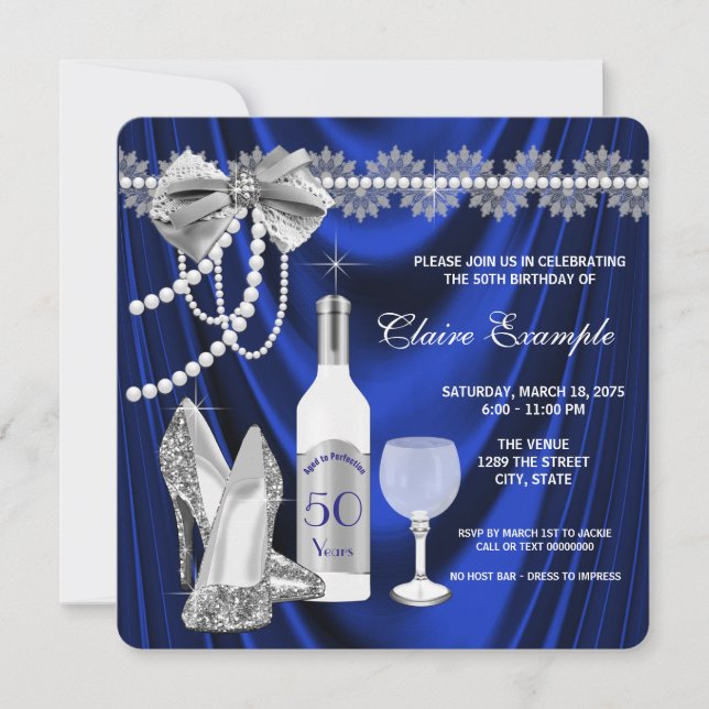 Royal Blue och Silver Åldras till prefektion födel Inbjudningar (Framsida)