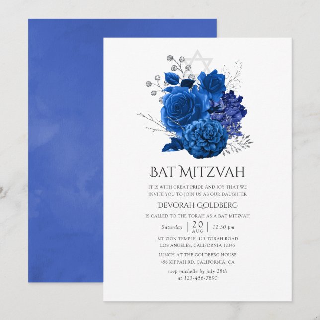 Royal Blue och Silver Blommig Bat Mitzvah Inbjudningar (Fram/baksida)