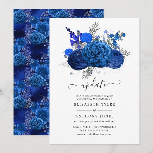 Royal Blue och Silver Blommig Bröllopsuppdatering Inbjudningar (Fram/baksida)