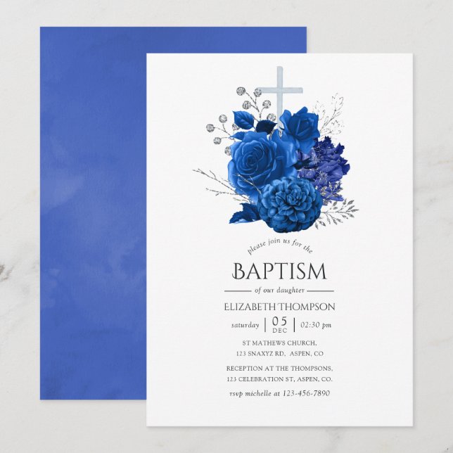 Royal Blue och Silver Blommig Dopceremoni Inbjudningar (Fram/baksida)