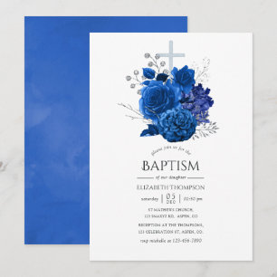 Royal Blue och Silver Blommig Dopceremoni Inbjudningar