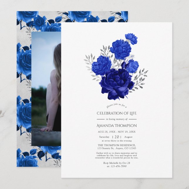 Royal Blue och Silver Blommig Firande Av Livet Inbjudningar (Fram/baksida)