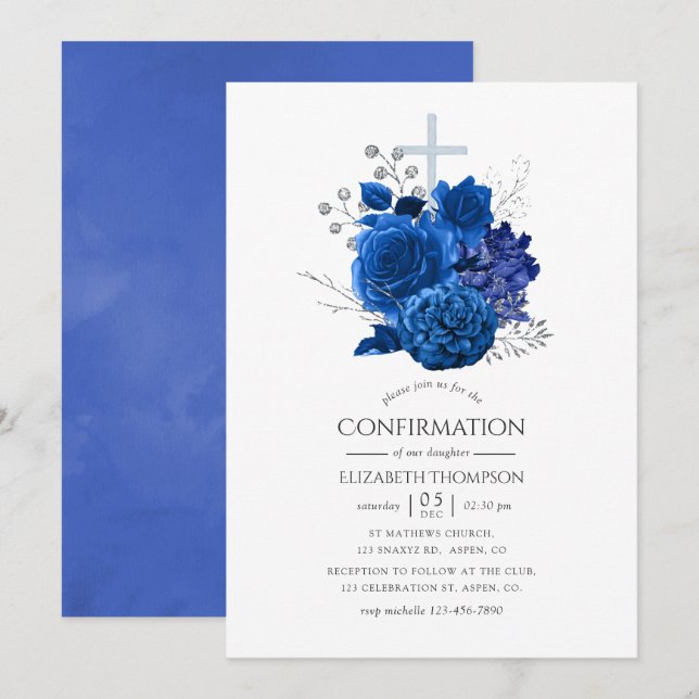 Royal Blue och Silver Blommig Konfirmation Inbjudningar (Fram/baksida)