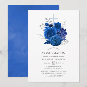 Royal Blue och Silver Blommig Konfirmation Inbjudningar