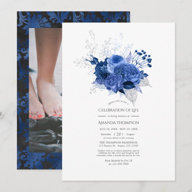 Royal Blue och Silver Blommig Livs Firande Inbjudningar (Fram/baksida)