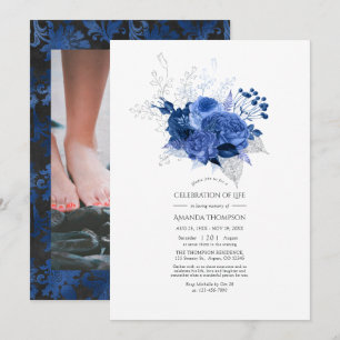 Royal Blue och Silver Blommig Livs Firande Inbjudningar