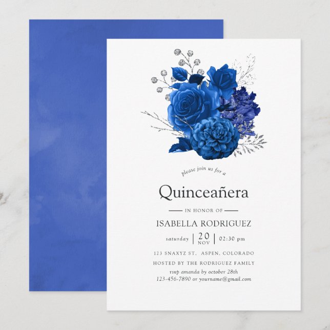 Royal Blue och Silver Blommig Quinceañera Inbjudningar (Fram/baksida)