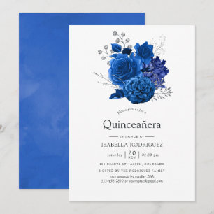 Royal Blue och Silver Blommig Quinceañera Inbjudningar