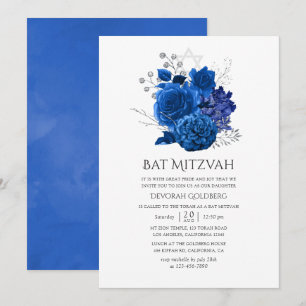 Royal Blue och Silver Blommigt Bat mitzvah Inbjudningar