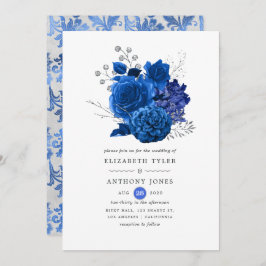 Royal Blue och Silver Blommigt Bröllop Inbjudningar