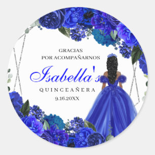 Royal Blue och Silver Blommigt Quinceanera Classic Runt Klistermärke