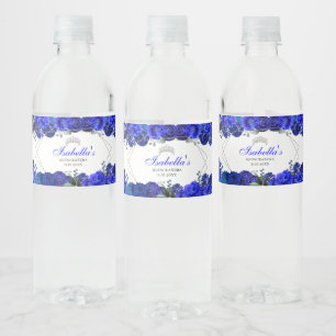 Royal Blue och Silver Blommigt Quinceanera Vattenflaskor Etikett