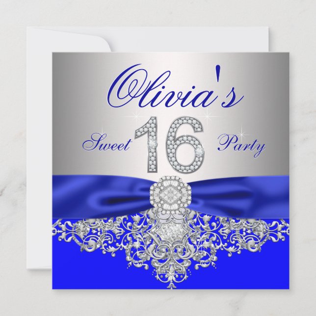 Royal Blue och Silver Diamond Sweet 16 Party Inbjudningar (Framsida)