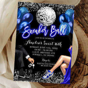 Royal Blue och Silver Disco Sneaker Ball Födelseda Inbjudningar