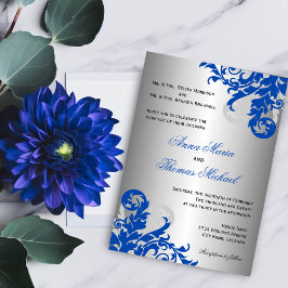 Royal Blue och Silver Flourish Bröllop Inbjudningar