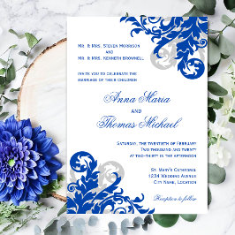Royal Blue och Silver Flourish Bröllop Inbjudningar