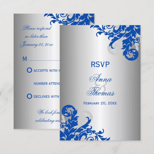 Royal Blue och Silver Flourish Bröllop RSVP OSA Kort (Fram/baksida)