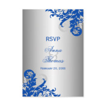 Royal Blue och Silver Flourish Bröllop RSVP