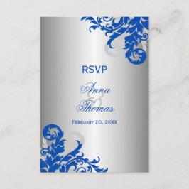 Royal Blue och Silver Flourish Bröllop RSVP OSA Kort
