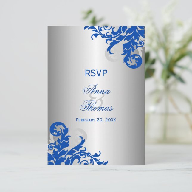 Royal Blue och Silver Flourish Bröllops RSVP OSA Kort (Stående Fram)
