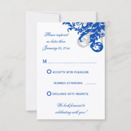 Royal Blue och Silver Flourish Bröllops RSVP OSA Kort