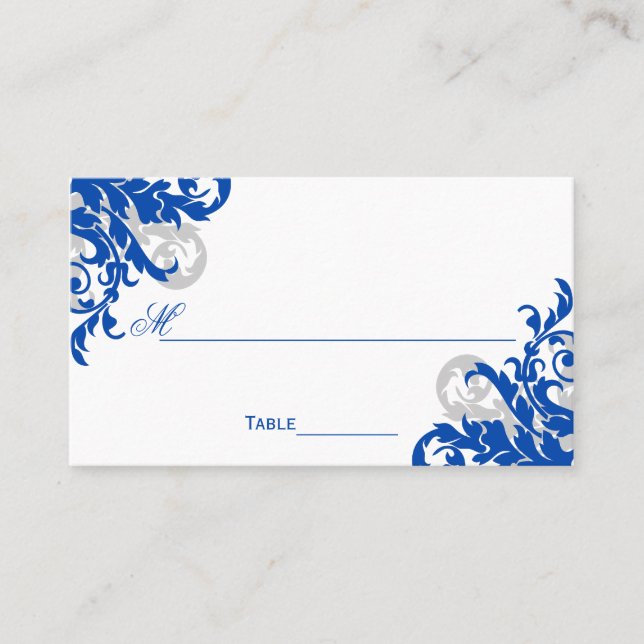 Royal Blue och Silver Flourish Placeringskort (Framsida)