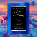 Royal Blue och Silver Foil Black 50:e födelsedagen Inbjudningar<br><div class="desc">Skapa din egen finare-snyggt-milstolpe-födelsedagroféinbjudan fem gånger i stil för henne. Den dekorativa bakgrunden har faux ljusblå folie av royal, folie av silver och en solid svart rektangulär övertäckning. Flytta eller ta bort faux vit gnistra-grafik. Anpassa det vita teckensnittet stilar, färg och storlekt. Den lyxmoderna folie som finns skapas med inslag...</div>