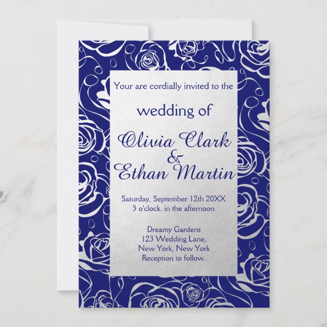 Royal Blue- och Silver Foil Flowers med Ro Inbjudningar (Framsida)
