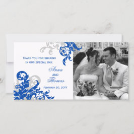 Royal Blue- och Silver-foto med blommande Bröllop Tack Kort