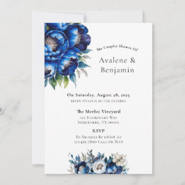 Royal Blue och Silver Glitter Peony Par Shower Inbjudningar
