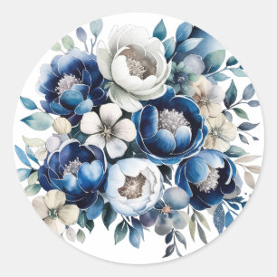 Royal Blue och Silver Glittery Peony Bröllop Runt Klistermärke