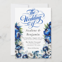 Royal Blue och Silver Peony Bröllop Calligraphy Inbjudningar