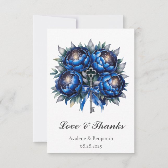 Royal Blue och Silver Peony Bröllop Tack Kort (Framsida)