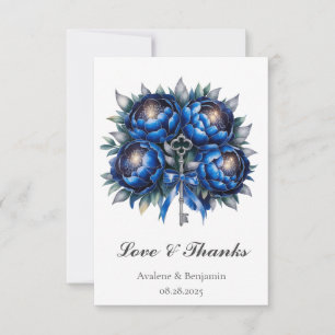 Royal Blue och Silver Peony Bröllop Tack Kort