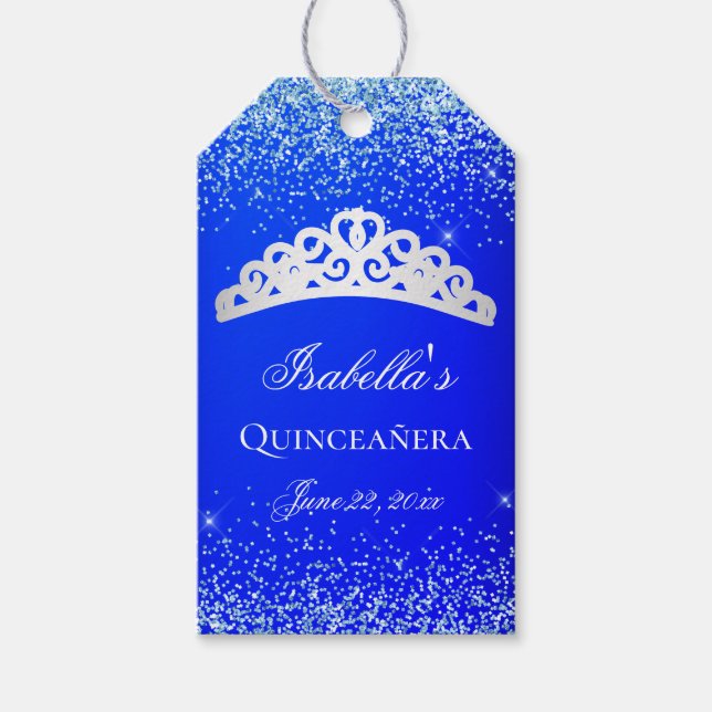 Royal Blue och Silver Quinceanera Presentetikett (Framsidan)