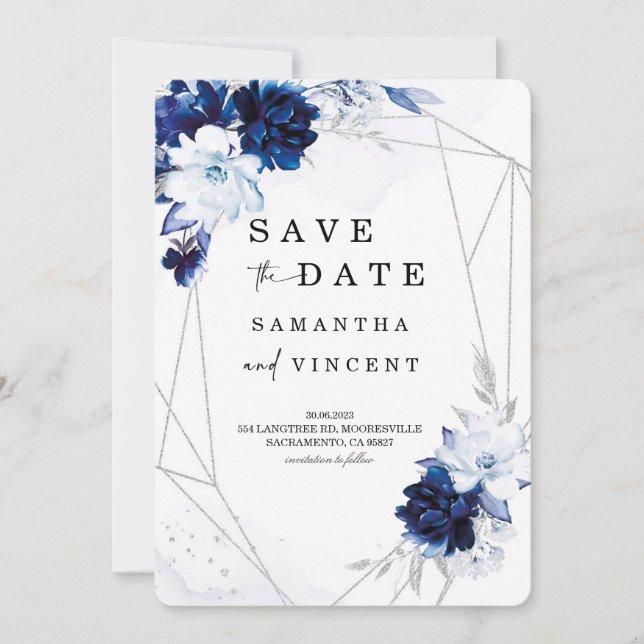 Royal Blue och Silver Save the Date-kort Inbjudningar (Framsida)