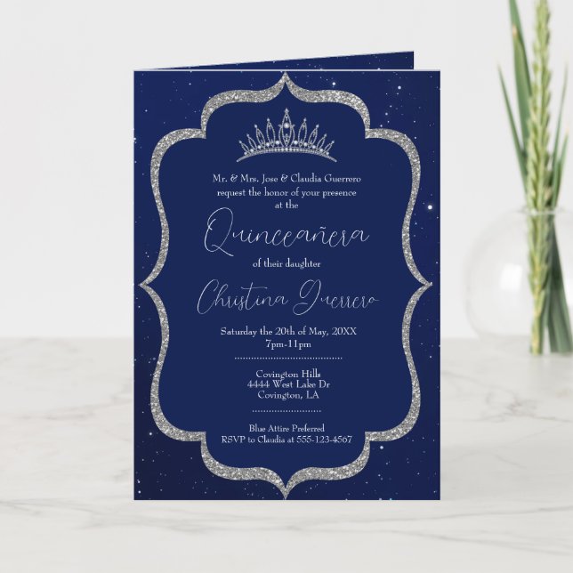 Royal Blue och Silver Starry Night Quinceanera Inbjudan (Framsida)
