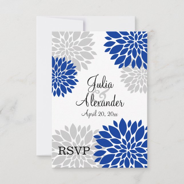 Royal Blue och Silvergrå Blommig Explosion RSVP OSA Kort (Framsida)