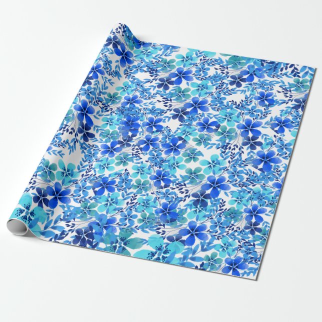 Royal Blue- och Turcoise Garden Flowers Presentpapper (Utrullad)