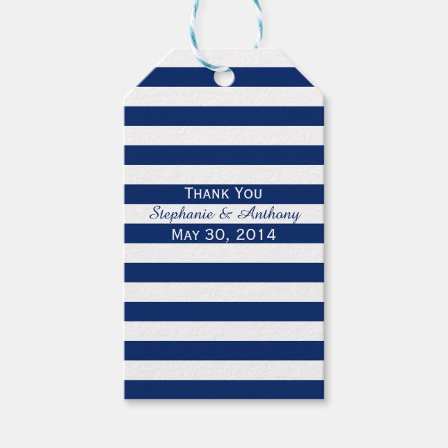 Royal Blue och White Stripe Bröllop Tack Presentetikett (Framsidan)