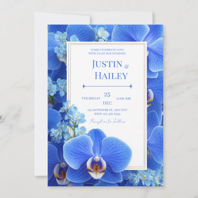 Royal Blue Orchid Modern Tropical Wedding Inbjudningar (Framsida)