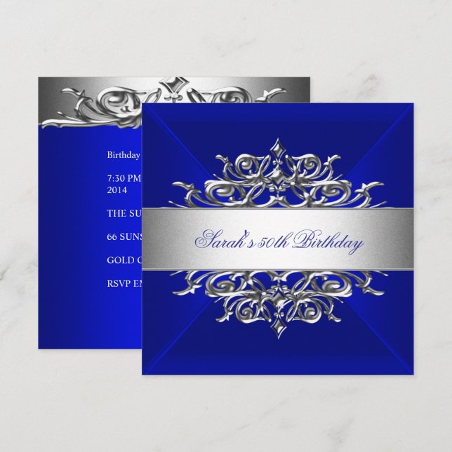 Royal Blue På Silver 50-års Födelsedagsfest Inbjudningar (Fram/baksida)