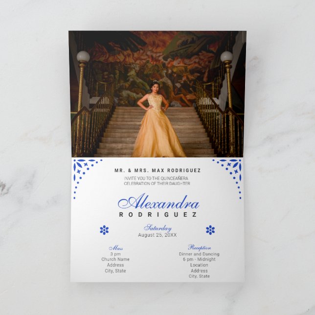 Royal Blue Papel Picado Mis Quince Años Inbjudan (Inuti)