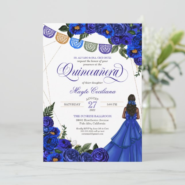 Royal Blue Papel Picado Quinceañera 15:e födelseda Inbjudningar (Stående Fram)