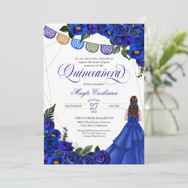 Royal Blue Papel Picado Quinceañera 15:e födelseda Inbjudningar (Stående Fram)