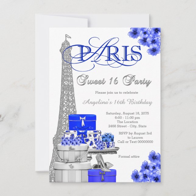 Royal Blue Paris Söta 16 Fests Inbjudningar (Framsida)