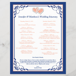 Royal Blue, Peach Hearts Bröllop Itinerary Flyer