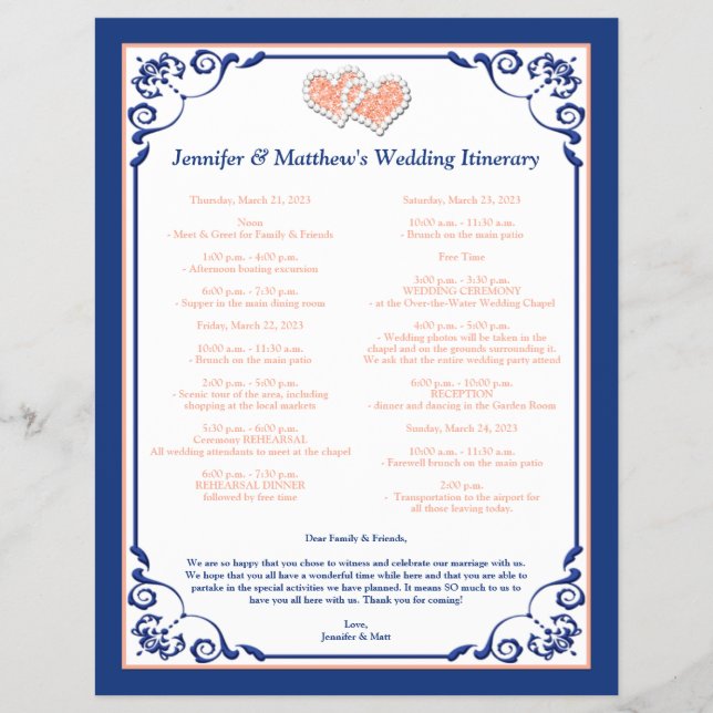 Royal Blue, Peach Hearts Bröllop Itinerary Flyer (Framsidan)